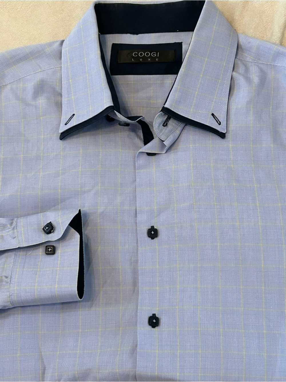 COOGI Luxe 4XL Button Up Shirt Blue Purple Plaid Double Collar Big & Tall Cotton